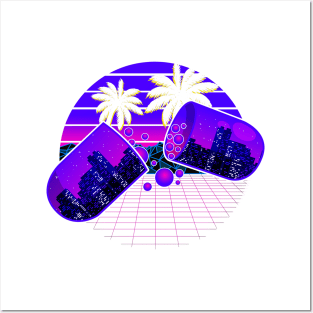 Vaporwave Sunset City Miami Style Pill Drop Posters and Art